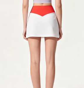 High Waist Color Blocked A-Line Mini Skirt Women Sporty Breathable Stretch Skirt White Red Spandex Polyester - Product Image 6