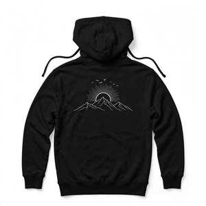 Sudadera con capucha de algodón grueso negro con diseño gráfico personalizado de montaña y sol, bolsillo y cordón ajustable - Product Image 2