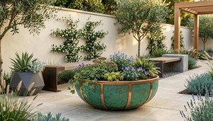 Outdoor <b>Large</b> Rounded Rustic Galvanized Green Patina and Copper Strip Design Outdoor Garden Rustic Planters Pots - Product Image 4