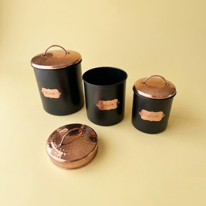 Vintage Copper Canister Set with Brass <b>Labels</b> Farmhouse Kitchen Storage Jars for Sugar Coffee and Tea Metal Food Containers - Product Image 4