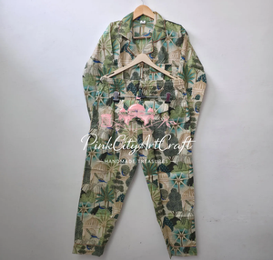 Conjunto de Pijama de Algodón Puro Tejido a Mano con Estampado de Palmeras Tropicales y Arquitectura Herencia, Elegante, de Manga Larga y Cuello Camisero - Product Image 3