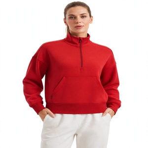 Sudadera de felpa de algodón grueso roja para mujer con cremallera de un cuarto, cuello alto informal y hombros caídos - Product Image 1