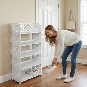 Scarpiera a 5 livelli in legno intagliato e plastica, salvaspazio, autoportante, organizer per ingresso e armadio - Product Image 1