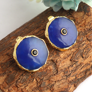 Trendy fashion jewelry round shape blue jade stone <b>stud</b> earrings with black cz inlay texture metal 18k gold plated women <b>studs</b> - Product Image 6