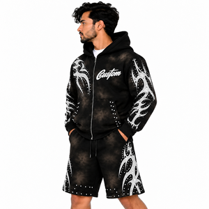 Conjunto de Sudadera y Pantalones Cortos para Hombre con Diseño Gráfico Personalizado, Hombros Caídos, Pedrería, Algodón, Felpa, Estilo Deportivo - Product Image 3