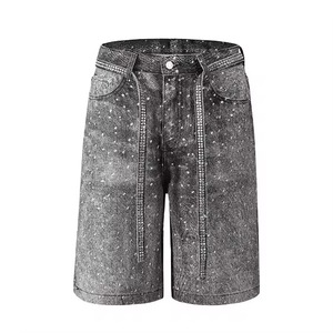 Shorts de mezclilla transpirables de verano para hombre y mujer, con diseño de diamantes de retazos, casuales, rectos, sueltos, vintage, lavados y cortos. - Product Image 5