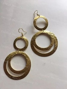 Boucles d'oreilles pendantes en laiton plaqué or, boucles d'oreilles à double cercle martelé, bijoux vintage bohèmes pour femmes - Product Image 5