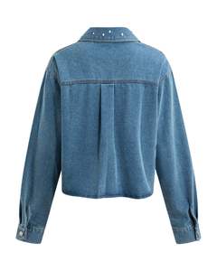 Chaqueta Vaquera Corta Azul Personalizada para Mujer con Botones Frontales y Pedrería, Manga Larga, Estilo Casual Urbano - Product Image 2