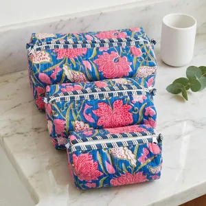 Bolsa de Aseo con Bordado Floral, Bolsa de Cosméticos de Algodón, Juego de Bolsas de Aseo de Algodón, Estampado Floral Azul Vintage, Bolsa de Cosméticos Reutilizable - Product Image 4