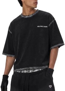 Camiseta Corta Negra Oversize de Manga Corta con Cuello Redondo y Ribete en Contraste Tie Dye para Hombre, Top Casual de Algodón Jersey - Product Image 4