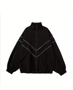 Men's Black Fleece <b>Racer</b> <b>Jacket</b> Stand Collar Batwing Sleeve Zipper Closure Sporty Loose Fit Autumn Wear - Product Image 1