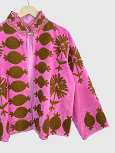 Pink <b>Velvet</b> Embroidered Mandarin Collar Blazer Full Sleeve Hand Embroidery Pattern Women's Spring Jacket Bohemian Cotton Lining - Product Image 4