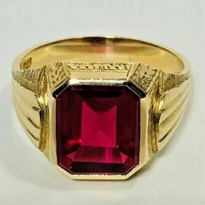 Anillo de Diamante Cultivado en Laboratorio Estilo Vintage para Mujer, Chapado en Oro Amarillo, Plata de Ley 925, Piedra de Corte Esmeralda Roja, Anillo de Boda de Lujo - Product Image 1