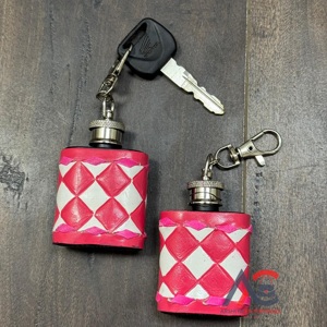Stylish Tooled Checkered Leather <b>Mini</b> Hip Flasks Keychains Pocket Bottle Wine Holder with Clip Compact Travel Gift for Unisex - Product Image 1