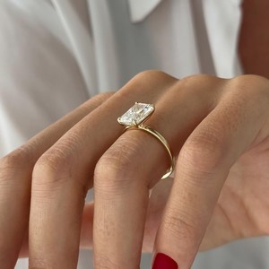 3 Carat Elongated Radiant E VVS2 Lab Grown <b>Diamond</b> Solitaire <b>Ring</b> , Yellow Gold Thin Minimalist Engagement <b>Ring</b> , IGI Certified - Product Image 5