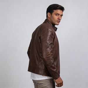 Men's <b>Brown</b> Genuine Leather Moto Jacket Stand Collar Zipper Closure Slim Fit Autumn Wear Regular Sleeve - Product Image 2