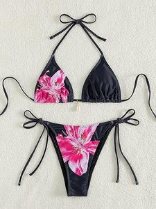 Regular Fit Women's Halter Neckline Floral Pattern Spandex/Nylon <b>Bikini</b> <b>Set</b> with V-<b>Strings</b> Bottom and 2-Piece Beachwear - Product Image 4