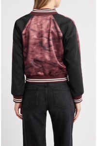 Veste universitaire pour femme, motif tie-dye, manches noires, corps bordeaux, fermeture éclair intégrale, coupe courte - Product Image 5