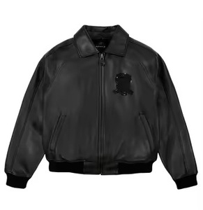 Blouson aviateur en cuir véritable noir pour homme, col rabattu, fermeture éclair, design à patchs, manches classiques, vêtement d'hiver - Product Image 4