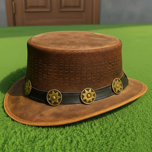 Premium Quality Custom Handmade Unisex Brown Embossed Leather <b>Top</b> Hat with Star Conchos Steampunk Western Festival - Product Image 2