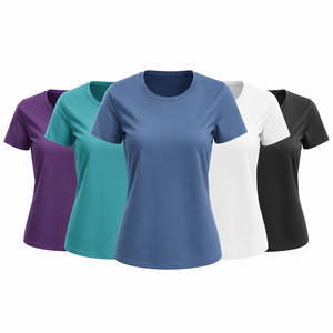 Camiseta de Cuello Redondo y Manga Corta para Mujer, Color Sólido, Secado Rápido, Corte Ajustado, Tejido de Punto, 100% Poliéster, Informal, para Todas las Temporadas - Product Image 3