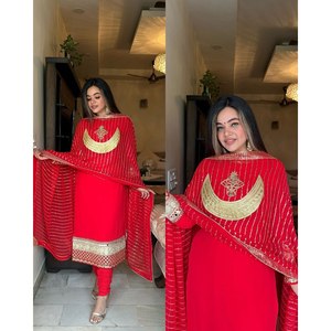 Salwar Kameez XL de luxe en polyester pour mariage, avec broderie de fils et travail de miroirs réels - Product Image 1