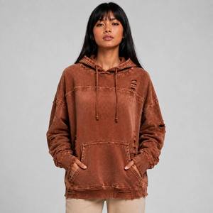 Sweat-shirt à capuche décontracté coupe oversize pour femme, coupe-vent, couleur unie, en coton lavé et fibre de bambou tricotée, hiver - Product Image 1