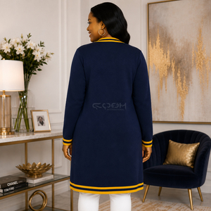 Cosh International Sorority Sisterhood Acrylic <b>Navy</b> <b>Blue</b> Long Knitted <b>Cardigan</b> With Yellow Contrast Trim And Pockets V-Neck - Product Image 5