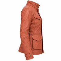 Veste en cuir pour femme, couleur cognac, style utilitaire, quatre poches, col à boucle, fermeture éclair et boutons-pression, coupe ajustée, décontractée, streetwear