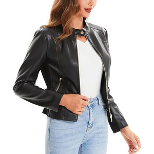 Veste moto en cuir PU noir pour femme, manches longues, fermeture éclair, col montant, coupe courte, style automne - Product Image 2