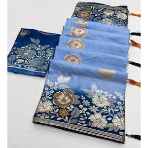MARIAGE SOIE DOUCE ZARI TRAVAIL SAREE AVEC CHEMISIER NON COUDU BLEU - Product Image 1