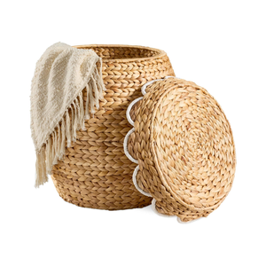 Scalloped White Rim Water Hyacinth Eco-Friendly Storage <b>Basket</b> <b>Lid</b> Handwoven Organizer LAC VIET Home Bedroom Living Room - Product Image 1