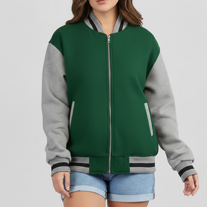 Chaqueta Universitaria Personalizada de Alta Calidad 2026, Chaqueta Deportiva de Lana Lisa Teñida en Gris Perla con Mangas Caídas para Mujer, Estilo Béisbol Universitario - Product Image 1