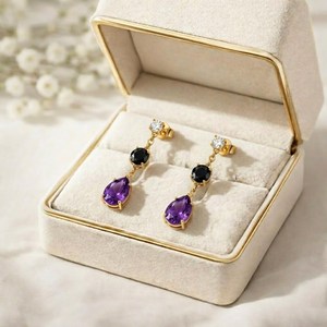 Purple Amethyst Pear & Black Obsidian <b>Earrings</b> Gemstone Dangle Stud <b>Earrings</b> Elegant Minimalist Jewelry Gift For Her - Product Image 4