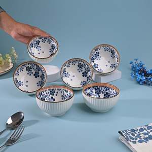 Modern Floral Ribbed Porcelain Soup Bowls Eco-Friendly <b>Set</b> of 6-<b>Microwave</b> Oven Safe Tableware for Food Serving - Product Image 4