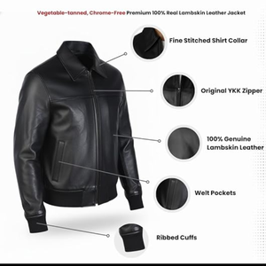Chaqueta Bomber de Cuero 100% Piel de Cordero Genuina para Hombre, Chaqueta de Cuero Negra con Cuello Camisero, Ropa Exterior Casual Premium para Motocicleta - Product Image 6
