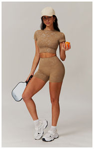 Conjunto Deportivo de Dos Piezas para Yoga, Top Deportivo con Espalda Cruzada y Cierre Frontal, Shorts de Cintura Alta, Transpirable, Poliamida, Color Sólido - Product Image 6