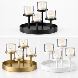 Modern Black Metal Round <b>Candle</b> <b>Stand</b> With Glass Holders For Home Decoration - Product Image 4
