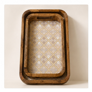 Juego de bandejas de servir de madera de mango artesanales de primera calidad, bandejas decorativas con estampado de esmalte tradicional para mesa de café, decoración del hogar - Product Image 1