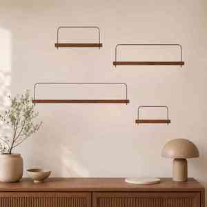 Étagères murales modernes en bois d'acacia sur mesure avec barre en acier inoxydable pour affichage de photos, polaroids et cartes postales (Lot de 4 Marron) - Product Image 6