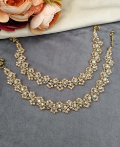 Paire de chevillères exquises en cristal perlé, finition or antique, bijoux de pied délicats pour mariage indien, Payal, ornés de pierres, vente en gros - Product Image 1