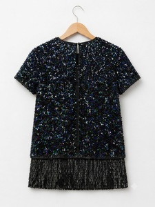 Black <b>Sequin</b> Fringe Women <b>T</b> <b>Shirt</b> Short Sleeve Round Neck Loose Fit Party Tee Summer Stage Wear - Product Image 2