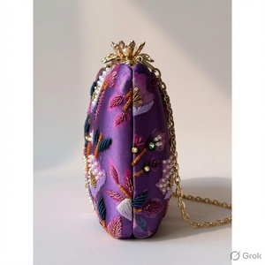<b>Purple</b> Pearl Decorated Floral Embroidered Satin <b>Clutch</b> with Magnetic Closure Chain Strap Handmade Evening Bag up to 1L Capacity - Product Image 2