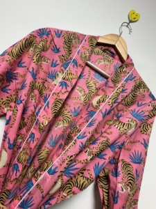 Indian Hand Printed Pink Women's <b>Kimono</b> Robe Sleepwear Casual <b>Beach</b> Wear Bathrobe Spring Summer 100% Cotton V-neck Drawstring - Product Image 2