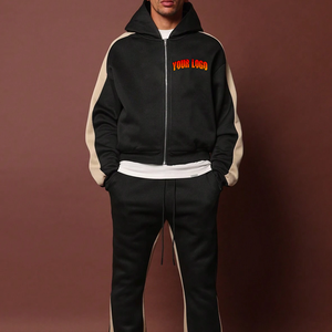 Ensemble sweat à capuche et pantalon de survêtement zippé pour homme, personnalisé, style vintage, avec broderie de patchs et rayures, en molleton bouclette délavé à l'acide, épais, pour l'hiver - Product Image 6