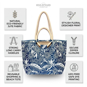 Sac de shopping élégant en jute avec longues poignées et fermeture éclair |   Sac fourre-tout personnalisé sans azo, imprimé floral, pour la plage et les courses - Product Image 2