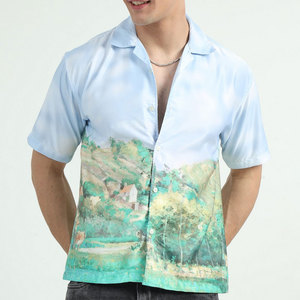 Chemise décontractée d'été pour homme à manches courtes et col rabattu, imprimé paysage peint à la main, en tissu popeline, idéale pour les vacances - Product Image 1