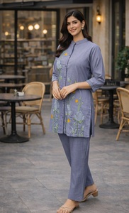 ชุดเซ็ตผู้หญิงคุณภาพสูง สีน้ำเงิน ผ้าฝ้ายแท้ สไตล์สาวออฟฟิศ แขนสั้น ราคาประหยัด สำหรับลูกค้าทั่วไป - Product Image 3