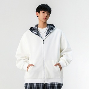 Sweat-shirt à capuche zippé blanc pour homme, coupe ample, doublure à carreaux, tricot en coton décontracté, vêtement d'automne - Product Image 1