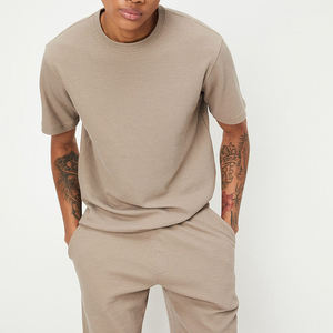 T-shirt à manches courtes pour homme, beige, col rond, coupe classique, tricoté, 100% coton, couleur unie - Product Image 3
